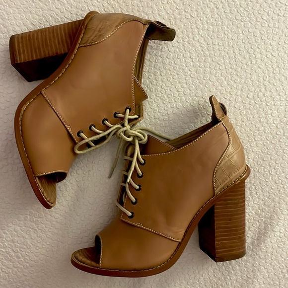 Kelsi Dagger Shoes - Kelsi Dagger Bina Natural Peep Toe Booties lace up light brown heeled booties